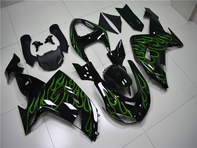 Carenagens Moto Kawasaki ZX10R 2006-2007 - Preto Brilhante Verde Chama
