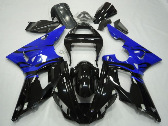 Carenagens Moto Yamaha R1 2000-2001 - Azul Preto Brilhante Chama