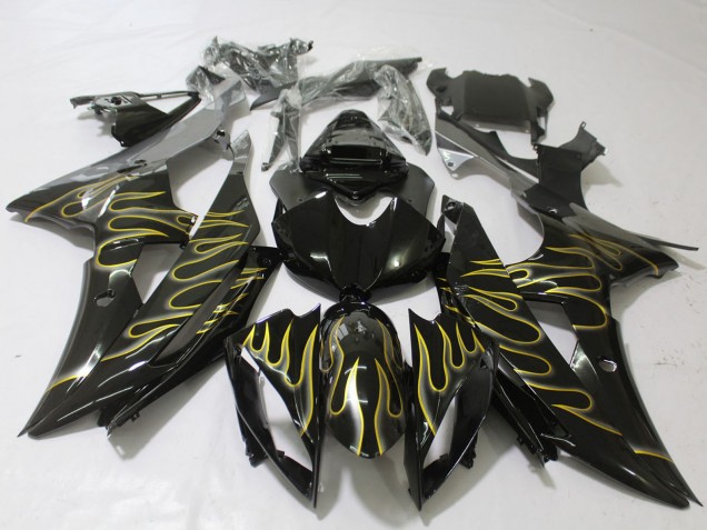 Carenagens Moto Yamaha R6 2008-2016 - Preto Brilhante Ouro Chama