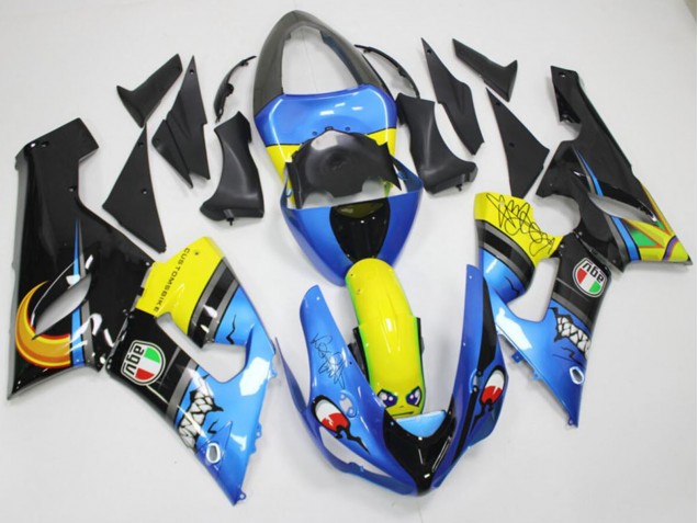 Carenagens Moto Kawasaki ZX6R 2005-2006 - Azul Amarelo Preto Tubarão