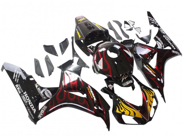 Carenagens Moto Honda CBR1000RR 2006-2007 - Preto Brilhante Amarelo Vermelho Chama