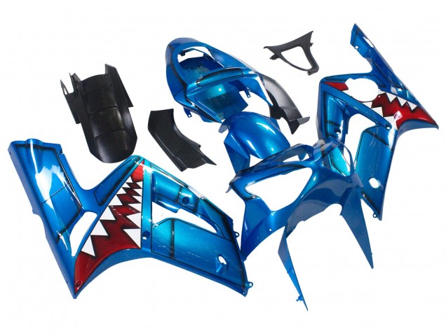 Carenagens Moto Kawasaki ZX6R 2003-2004 - Azul Branco Vermelho Tubarão