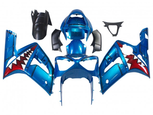 Carenagens Moto Kawasaki ZX6R 2003-2004 - Azul Branco Vermelho Tubarão