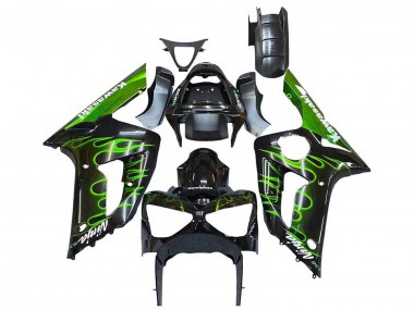 Carenagens Moto Kawasaki ZX6R 2003-2004 - Preto Brilhante Verde Chama