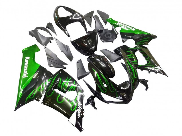 Carenagem Moto Kawasaki ZX6R 2005-2006 - Preto Brilhante Verde Chama