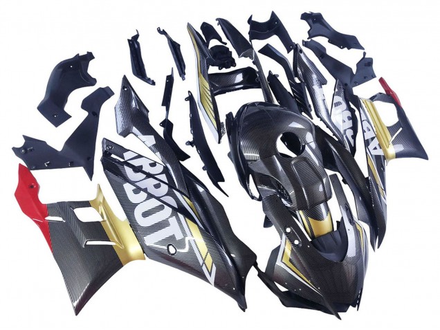 Carenagens Moto Yamaha YZF R3/R25 2022-2024 - Preto Fibra de Carbono Estilo Ouro Vermelho ABBOT