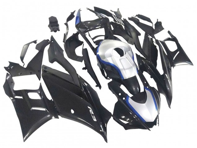 Carenagens Moto Yamaha YZF R3/R25 2022-2024 - Preto Fibra de Carbono Estilo Prata Azul