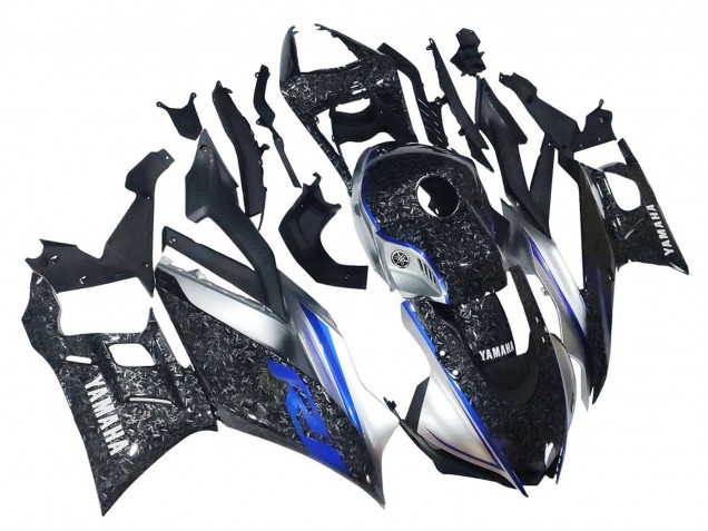 Carenagens Moto Yamaha YZF R3/R25 2022-2024 - Mármore Preto Prata Azul Forjado Fibra de Carbono Estilo
