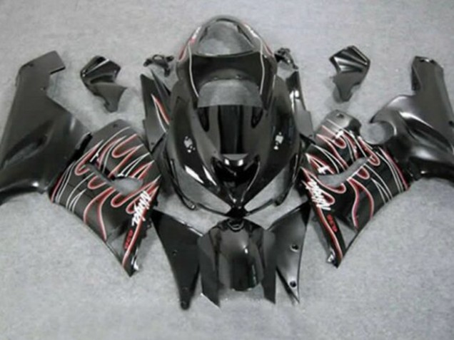 Carenagens Moto Kawasaki ZX6R 2005-2006 - Preto Brilhante Vermelho Branco Chama