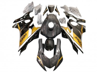 Carenagens Moto Yamaha YZF R6 2017-2023 - Ouro Branco Preto Falso Fibra de Carbono