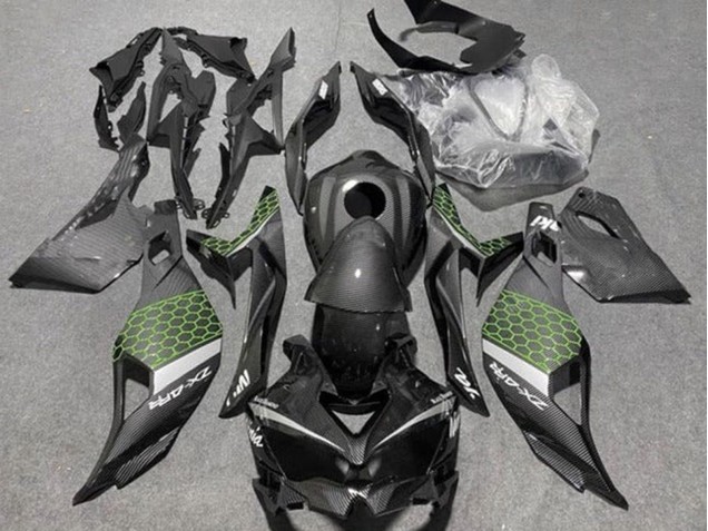 Carenagens Moto Kawasaki ZX4R ZX-4RR 2019-2025 - Falso Fibra de Carbono Verde Cinzento