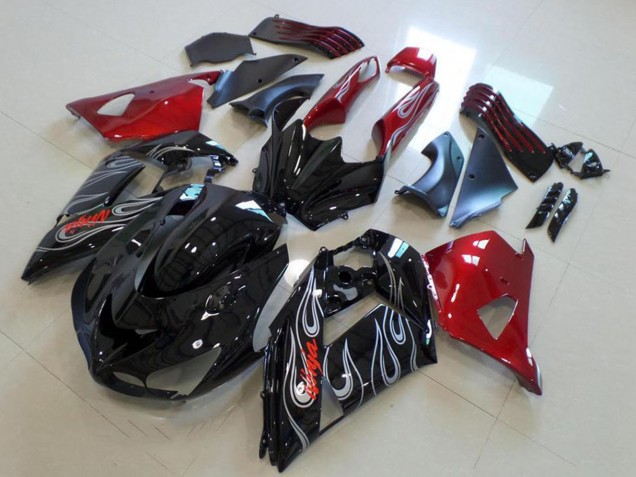 Carenagens Moto Kawasaki ZX14R ZZR1400 2006-2011 - Vermelho Preto Brilhante Prata Chama