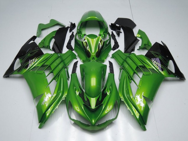Carenagens Moto Kawasaki ZX14R ZZR1400 2012-2024 - Verde Preto Brilhante Chama Branco Ninja