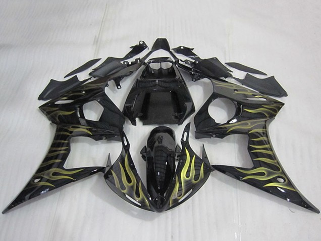Carenagens Moto Yamaha YZF R6 2003-2004 - Preto Brilhante Ouro Chama