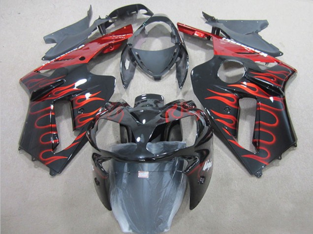 Carenagem Moto Kawasaki ZX6R 2007-2008 - Preto Vermelho Chama