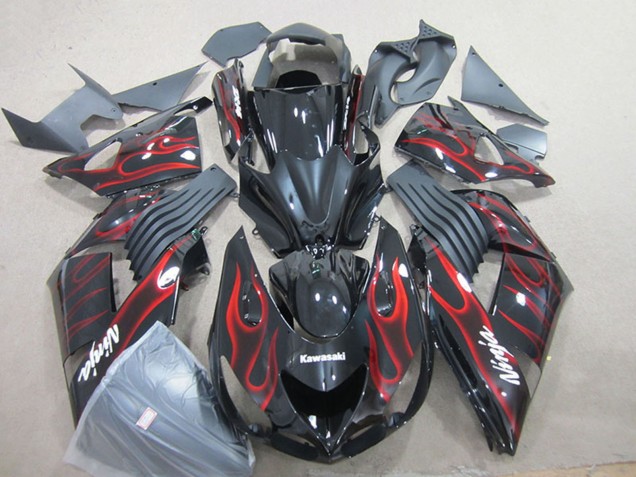 Carenagem Moto Kawasaki ZX14R ZZR1400 2006-2011 - Preto Brilhante Vermelho Chama